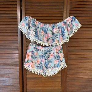 Tropical Print Pom Pom Three Piece Bikini